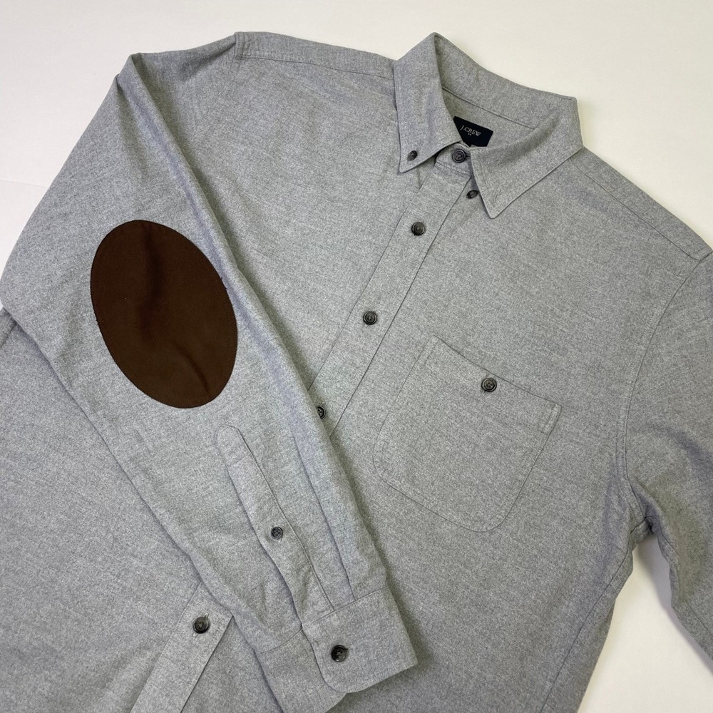 J.Crew Mens Grey Flannel Button Down Shirt Brown Elbow Patches B3061 Medium